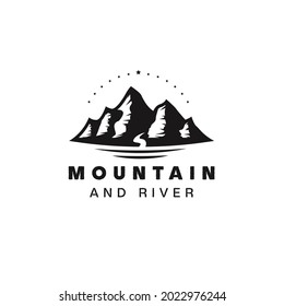 rocky mountain with river vintage style logo template