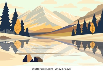 Rocky Mountain Scenery with Lake River and Pine Tree in Forest