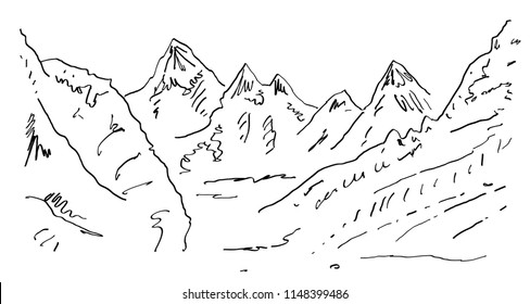 Rocky mountain scenery landscape, with rocks, in hand drawn sketch style, for extreme sport, adventure traveling  and  tourism design