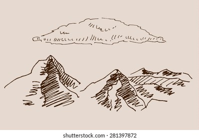 Rocky mountain scenery landscape, with rocks, clouds, in engraving etching hand drawing sketch style, for extreme sport, adventure travel and  tourism design