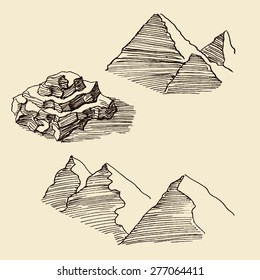 Rocky mountain scenery landscape with stones, rocks boulders and geology elements, in engraving etching hand drawing sketch style, for landscape texture design