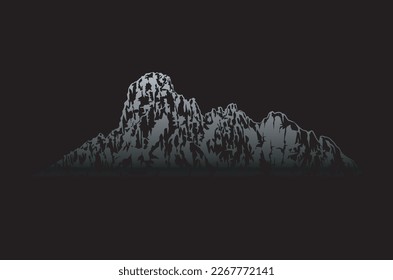 rocky mountain with silver and white on black background
