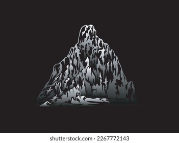 montaña rocosa con fondo blanco y plateado