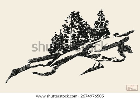 Rocky mountain slope with trees. Simple linear sketch drawn from nature
