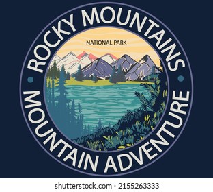 Rocky mountain vector print design. Wild lake adventure artwork design for posters, stickers, background and others. 