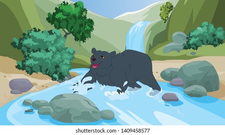 Rocky mountains, Bear crossing the lake - vector