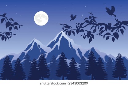 Rocky Mountains and birds on tree branches forest Background Vector Illustration. Night Sky Stars Landscape. Moon, Moonlight, mountain view.