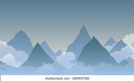 Rocky mountains at dusk in fog