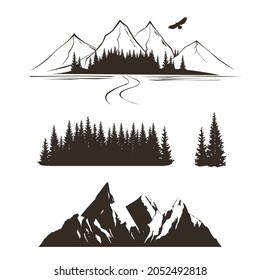 Rocky mountains and forest silhouette. Graphic elements for logo design. Vector illustration in black and white color
