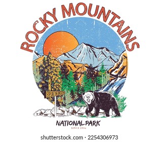 Rocky mountains graphic artwork for t shirt and others. National park print design for apparel, sticker, background, poster and others.