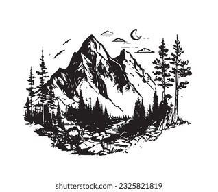 Rocky mountains, hand drawn style, vector illustration.	