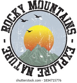 Rocky Mountains Illustration with Sunset View Background - Circle Graphic Tee with Slogan - Vector Placement Print
