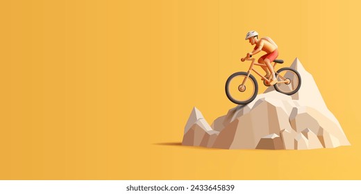 Isla de las montañas rocosas con viajero ciclista con mochila y casco montando una bicicleta en la montaña, ilustración de render 3d