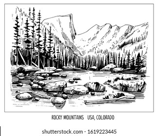 Rocky mountains. Landscape of USA, Colorado.  Hand drawn ink sketch converted to vector. Shape isolated with transparent background