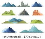 Rocky mountains. Mountain tops outdoor landscape, winter peaks, hilltop with trees, hiking mountain valley landscape vector illustration set. Range rock, mountain rocky environment top