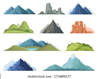 Rocky mountains  Mountain tops outdoor landscape  winter peaks  hilltop and trees  hiking mountain valley landscape vector illustration set  Range rock  mountain rocky environment top