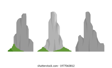 Rocky mountains vector set isolated on white. Rock mountains peak,  nature landscape element. Camping landscape and hiking decoration. Outdoor travel and adventure tourism vector illustration. 