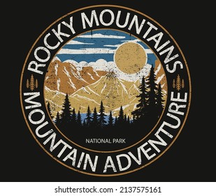 Rocky mountains vintage print design for t shirt and others. Mountain adventure graphic artwork. 