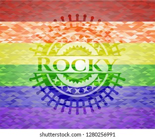 Rocky on mosaic background with the colors of the LGBT flag