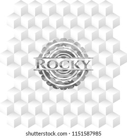 Rocky realistic grey emblem with geometric cube white background