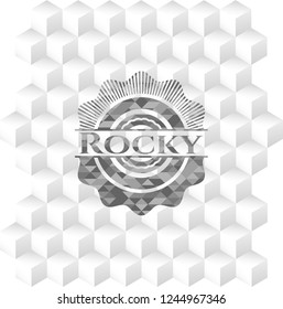 Rocky retro style grey emblem with geometric cube white background