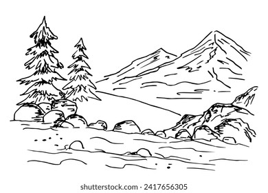 Rocky river bank, coniferous trees, mountains. Northern nature, wild landscape. Simple vector drawing with black outline. Sketch in ink.