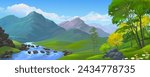 A rocky river flowing from the mountains and downstream across the grasslands.