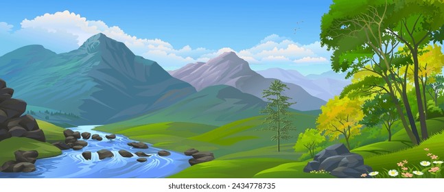A rocky river flowing from the mountains and downstream across the grasslands.