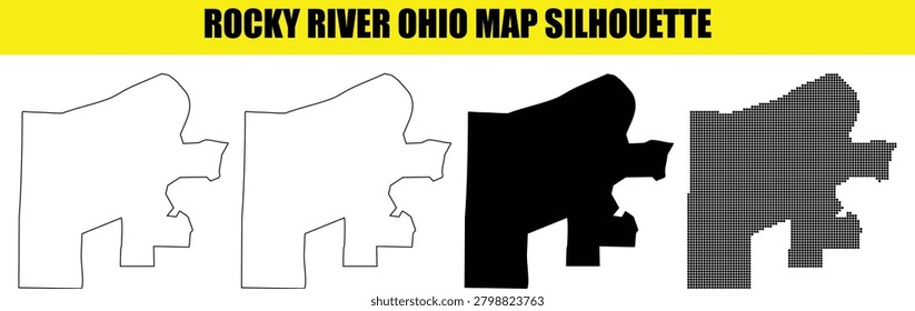 Rocky River Ohio map silhouettes presented in multiple styles. Features solid white, black, detailed outline, and dotted map versions on a transparent background.