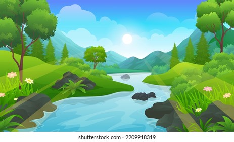 Rocky Rivers in the middle of beautiful hill with trees and lush grass