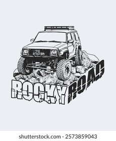 Rocky road and four-wheel-drive car vector line illustration art