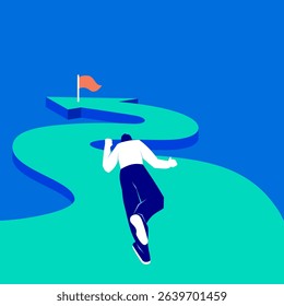 Rocky road to success. Businessman runs along a winding road towards his goal. Difficult business challenge. Effort to success. Risky startup. Arrow road. Development concept