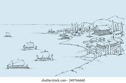 Rocky seashore, classic minoan colony in bay dock: port, antiquity pagan pavilion, statue on column, huts on hill, sail trireme and galley in harbor. Freehand sketch ink background. Bird's eye view