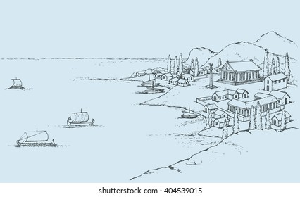 Rocky seashore, classic minoan colony in bay dock: port, antiquity pagan pavilion, statue on column, huts on hill, sail trireme and galley in harbor. Freehand sketch ink background. Bird's eye view