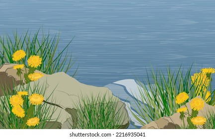 Rocky seashore with grass and yellow flowers. Break above the water. Realistic vector landscape