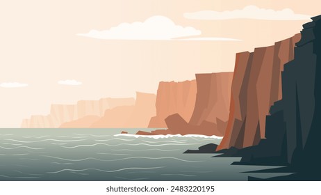 Costera rocosa, Ilustración vectorial paisajística. Hermosos acantilados de alta mar con vistas al hermoso océano. Rocas peligrosas y mar en el telón de fondo de las nubes y el atardecer.