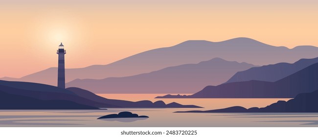 Rocky seashore with a lighthouse, panoramic vector landscape of the coast. A beautiful ocean bay with hills and mountains and a tall lighthouse against the backdrop of a warm summer sunset.