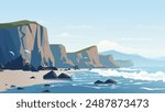 Rocky shore of the beach. Beautiful landscape of rocky sea shore and sandy beach. Ocean waves on a paradise beach with big mountains. Vector illustration.