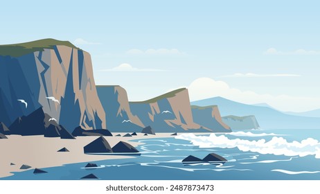 Rocky shore of the beach. Beautiful landscape of rocky sea shore and sandy beach. Ocean waves on a paradise beach with big mountains. Vector illustration.