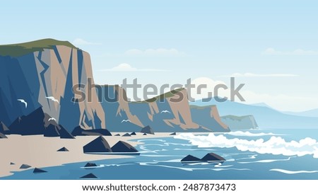 Rocky shore of the beach. Beautiful landscape of rocky sea shore and sandy beach. Ocean waves on a paradise beach with big mountains. Vector illustration.