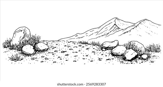 rocky shore with grass and distant mountains hand drawn doodle sketch