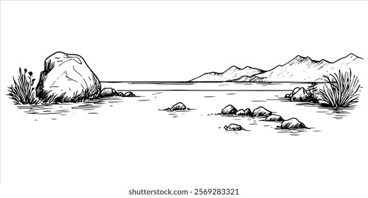 rocky shore with grass and distant mountains hand drawn doodle sketch