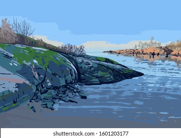 Rocky shore of the gulf of Finland. Suomenlinna, Helsinki. Vector illustration