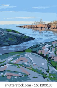 Rocky shore of the gulf of Finland. Suomenlinna, Helsinki. Vector illustration