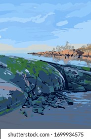 Rocky shore of the gulf of Finland. Suomenlinna, Helsinki. Vector illustration