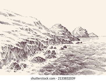 Rocky shore of the sea, waves breaking on shore hand drawing