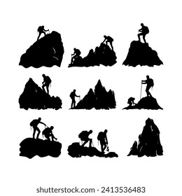 Rocky silhouette. Set icon of mountains. Rocky mountains peak vector illustration and logo style.