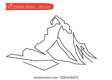 Felsige und schneebedeckte BergPremium-Ikone. Eine durchgehende Zeichnung der Matterhorn Alpen zwischen der Schweiz und Italien. Vektorgrafik der Matterhorn Alpen.
