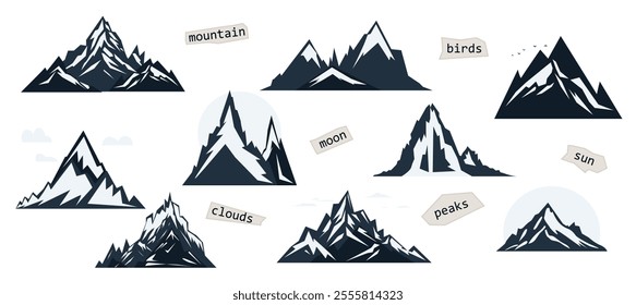 Rocky snowy mountains with clouds, birds, sun and moon. Landscape with mountain peaks and hills, stone peaks, environment. Simple minimalistic vector landscape.