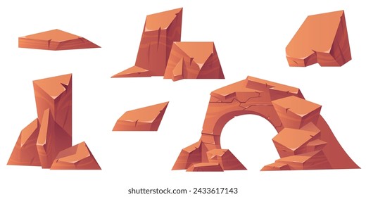 Conjunto de piedras rocosas aisladas sobre fondo blanco. Ilustración de dibujos animados vectoriales de rocas de arenisca con superficie agrietada irregular, elementos de diseño de paisaje de montaña o desierto, terreno del cañón oeste salvaje